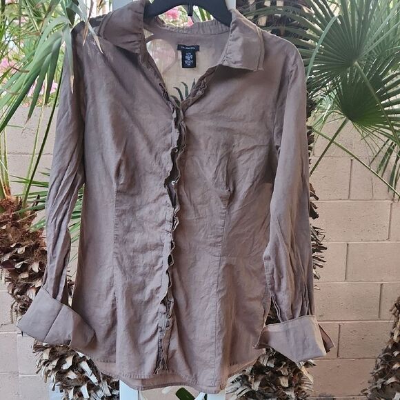 Calvin Klein Jeans Tops - Brown Ruffled Button-Up Shirt Womens XL By Calvin Klein Jeans